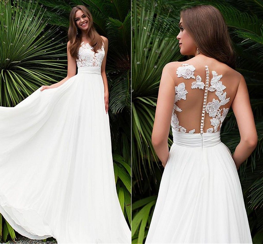 Acquistare Abiti Da Sposa Da Spiaggia Estivi Collo Puro Illusione Corpetto  Appliques Chiffon Pieghettato Abiti Da Sposa Lunghi Abiti Da Sposa Sweep  Train Economico | Consegna Veloce E Qualità | DHgate Italy