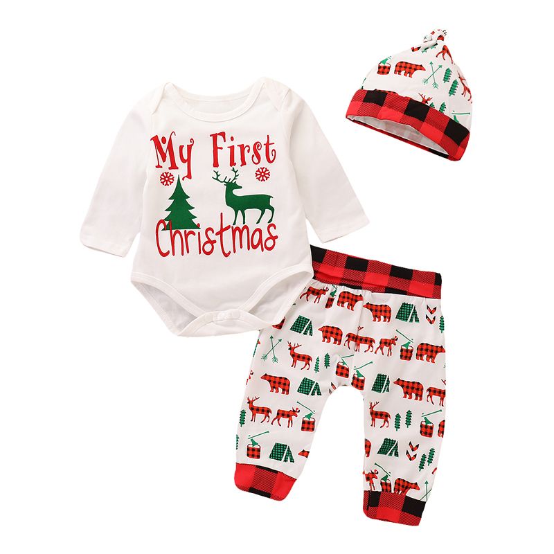 mtxtechnology Conjunto de Ropa de Navidad con Estampado de Letras reci/én Nacidas Mameluco de beb/é Pantalones a Rayas Diadema Sombrero Conjunto de Ropa