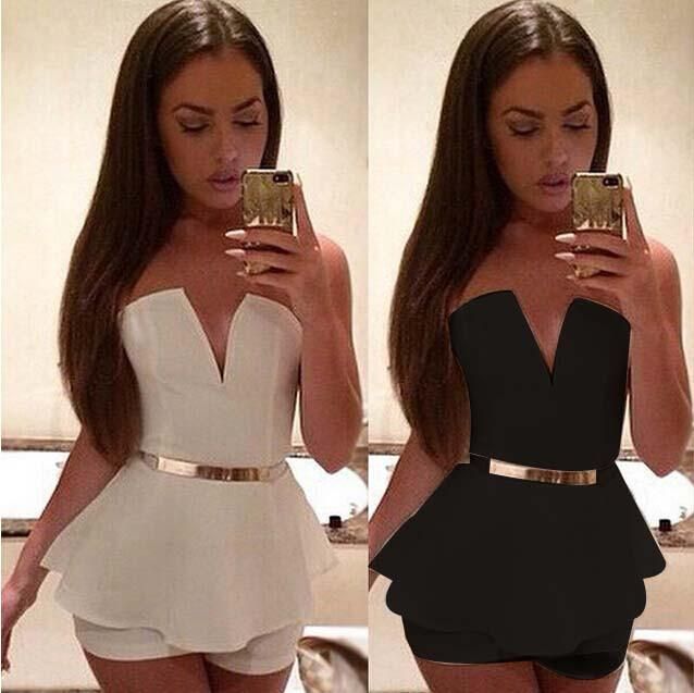 2020 Women Deep Deep V Neck Strapless Elegant Black White Shorts