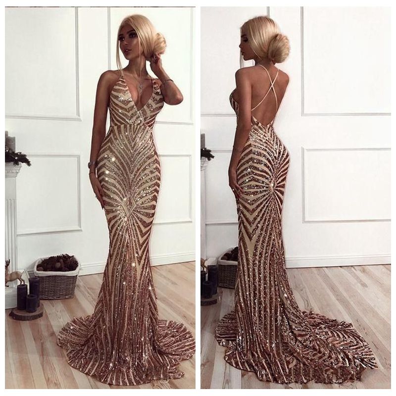Mermaid Rose Gold Sequins Prom Dresses 2019 African Luxury V Neck Sweep Train Backless Prom Dresses Evening Wear Buy Prom Dresses Online Classic Prom
