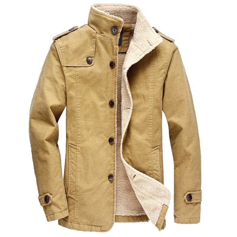 Men Fall Winter PU Jacket Coat Warm Stand Collar Single Breasted Epaulet Design