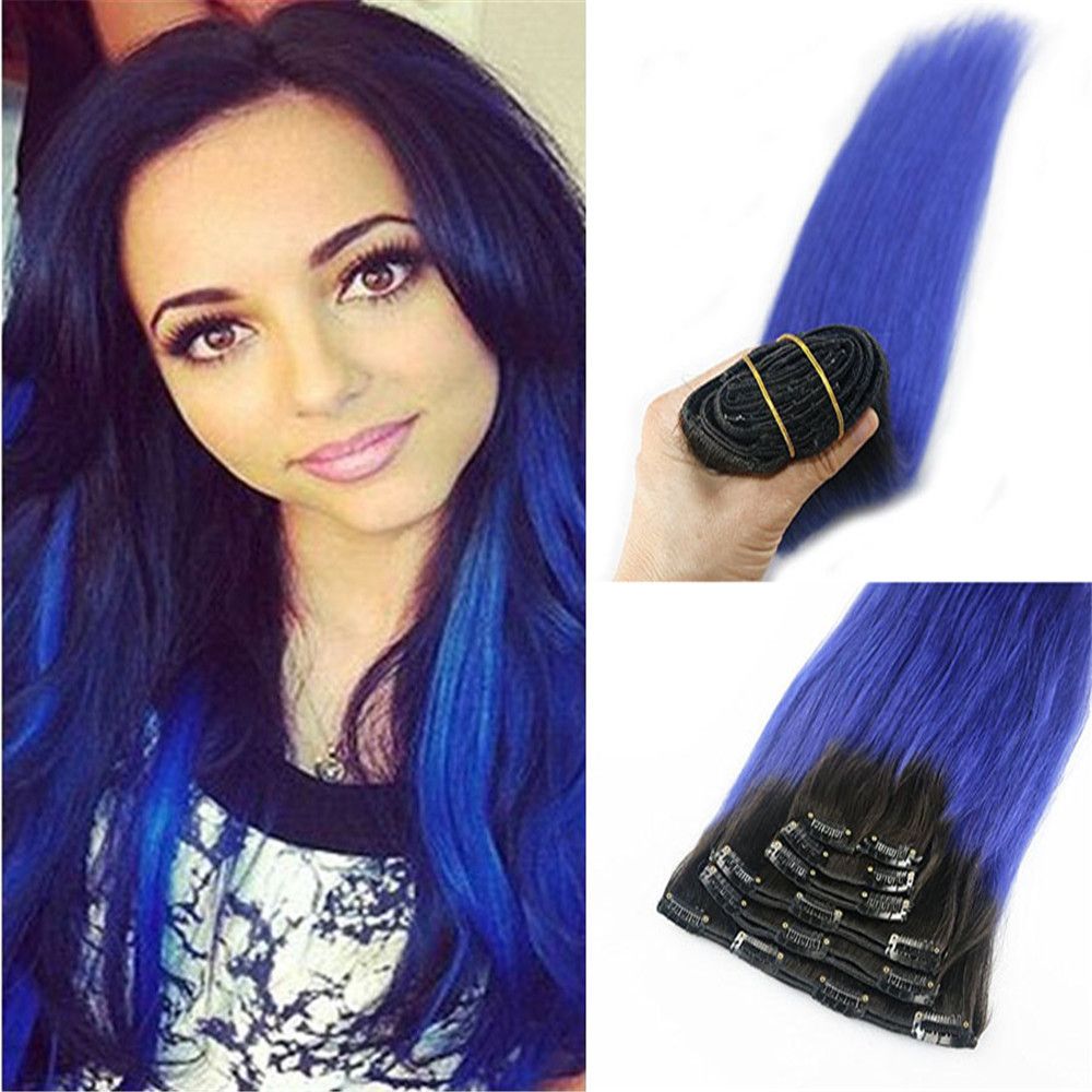 Clip In Remy Hair Extensions Ombre 1B To Blue Balayage Clip In Human