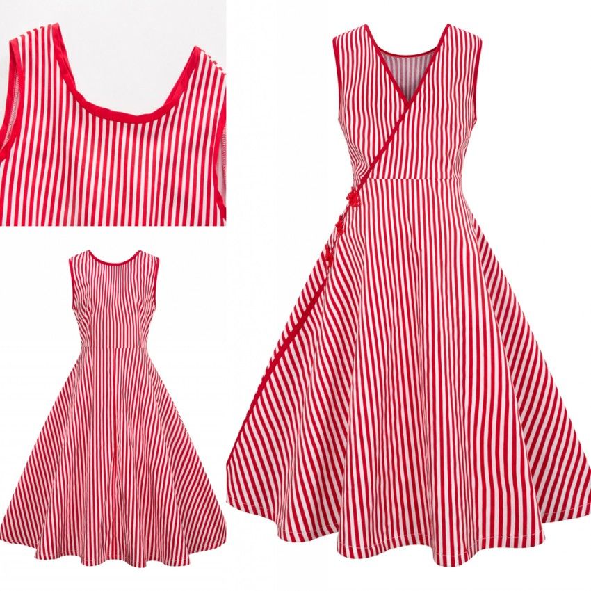 Cheap 2019 Red Striped Women Casual Dresses Plus Size Swing Retro