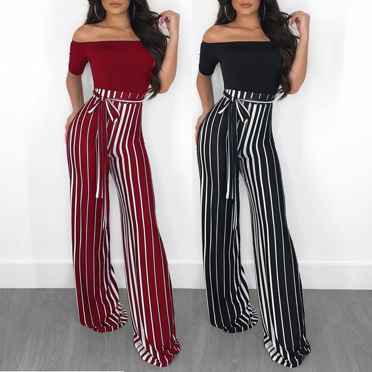 striped jumpsuit off the shoulder