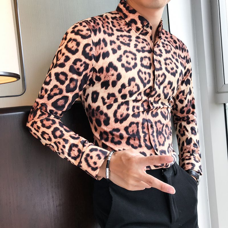 YYear Men Casual Leopard Printed Slim Fit Long Sleeve Button Up Dress Shirt Top