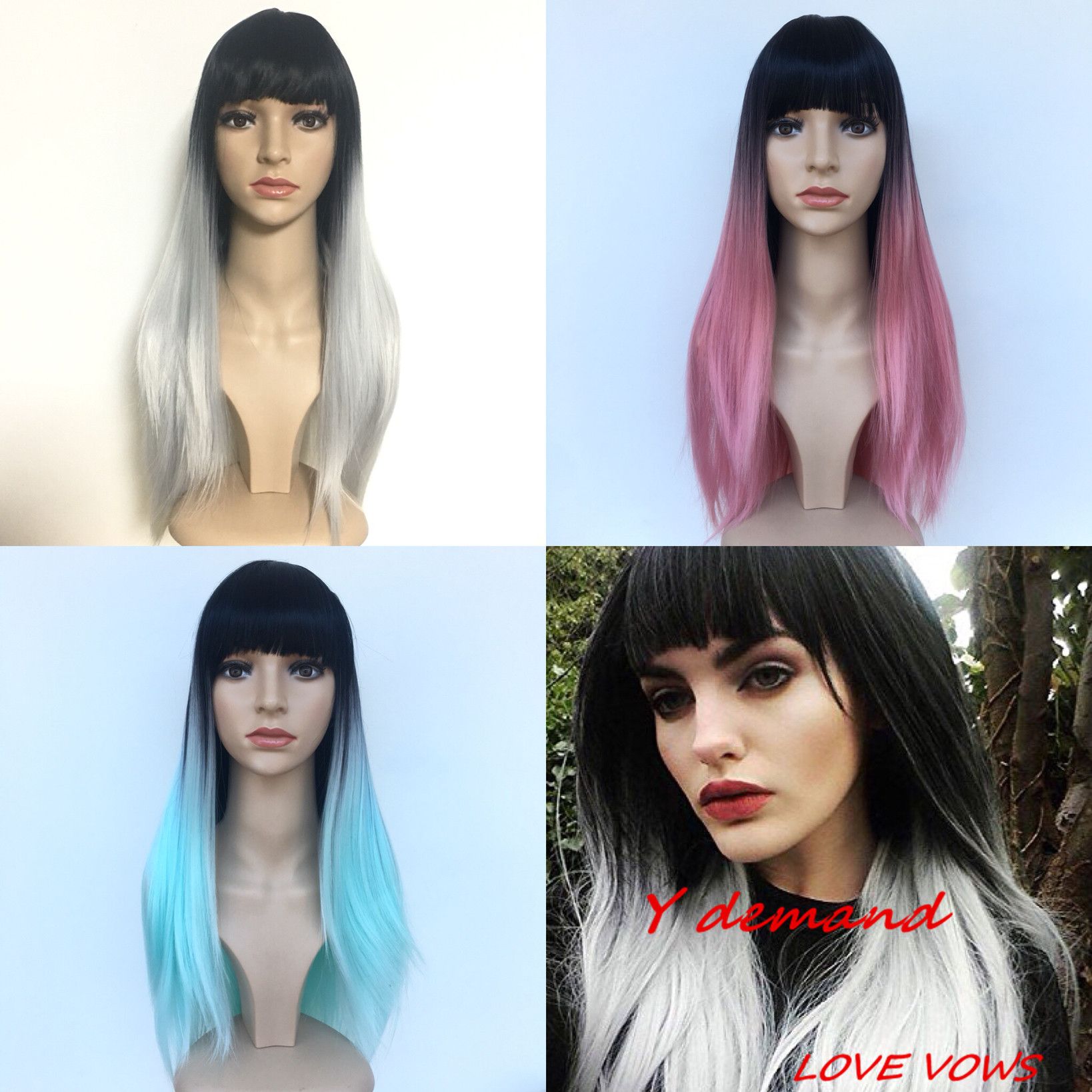 Grey Blue Pink Ombre Black Wig Synthetic Wigs For Black White