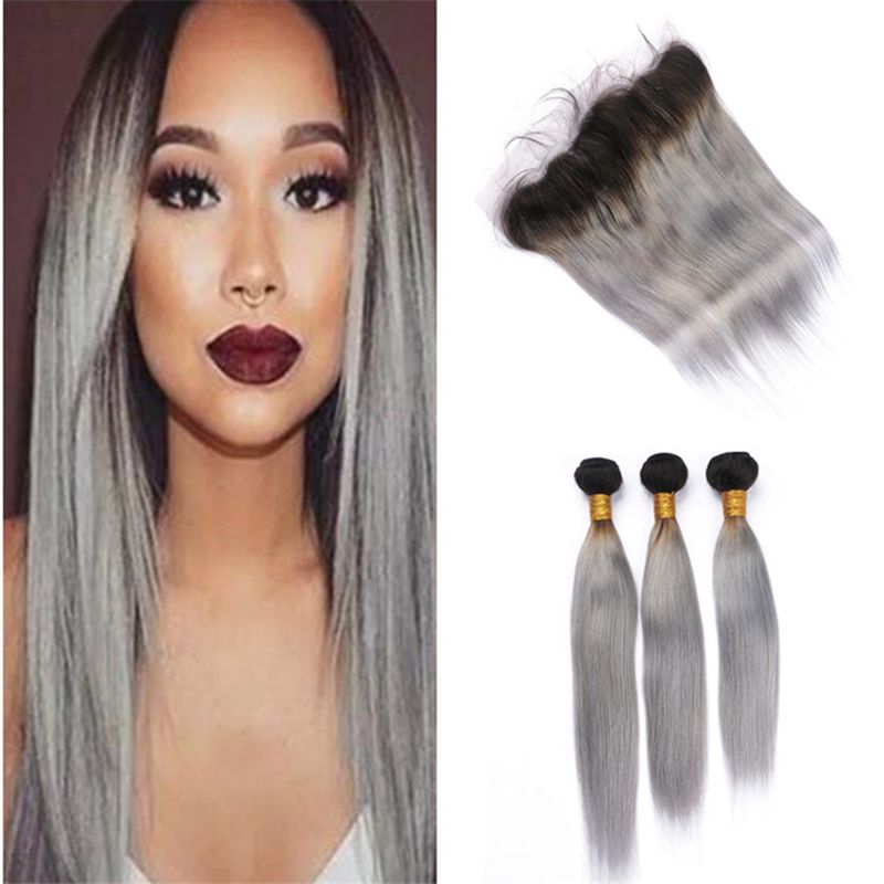2019 Two Tone 1b Grey Ombre Hair Weaves With Frontal Lace Closure