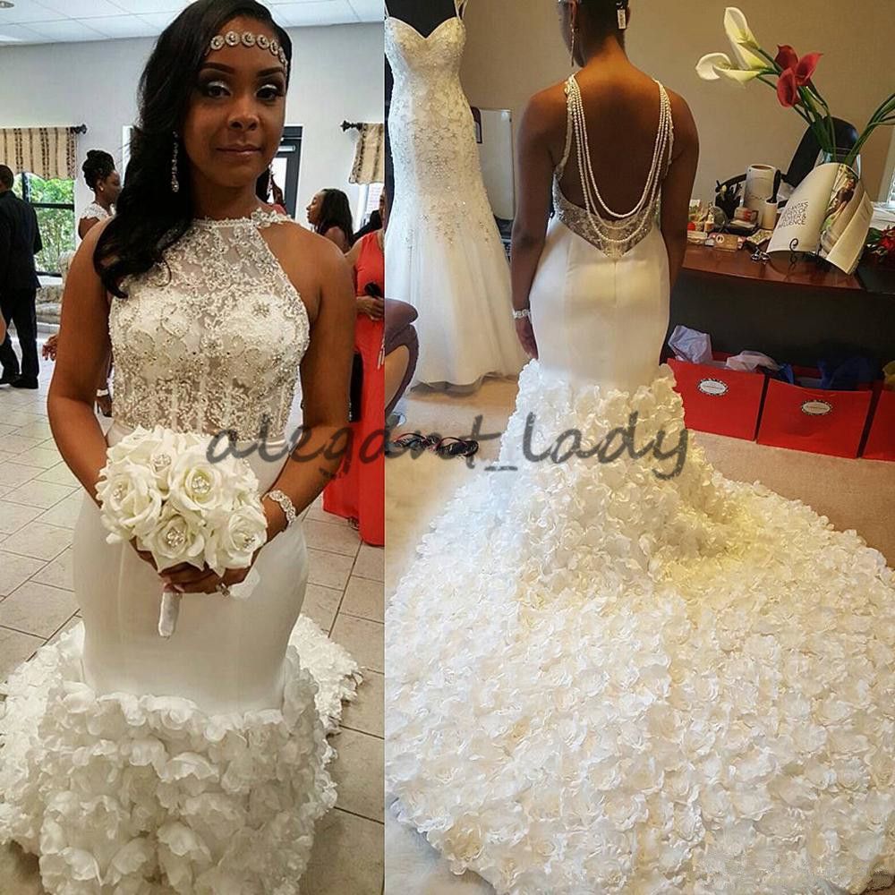 Stunning African 3d Flowers Mermaid Wedding Dresses 2018 Back