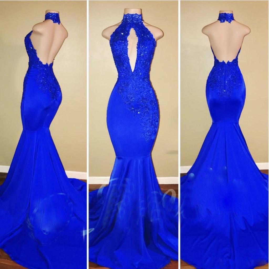 blue high neck prom dress