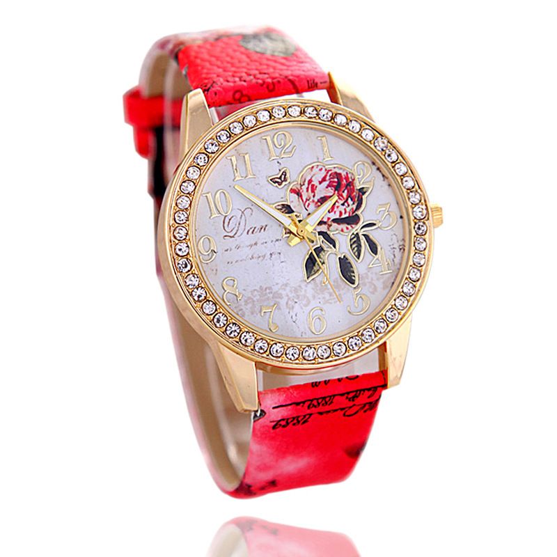 Fashion Printed Leather Ladies Watches Diamond Rose Pattern Gold Shell Quartz Watch Women Girl Party Gift New Causal Dress Watch 24 Hour Wristwatch Watch From Bhry1688 1 84 Dhgate Com