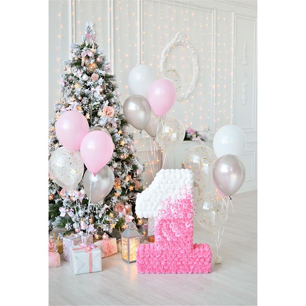 Baby Girl's 1st Birthday Photo Backdrop Printed Balloons Present Boxes  Decorated Christmas Tree Kids Party Booth Background