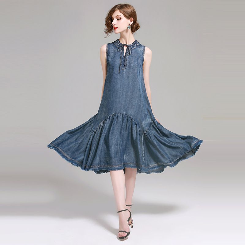 2020 2018 Summer Dress Vintage Women Sleeveless Denim Jeans Midi