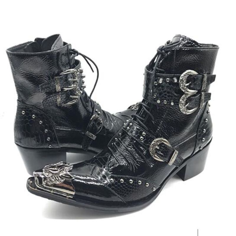 New Punk Style Genuine Leather Men Ankle Boots Iron Pointed Toe Lace Up Mens Military Cowboy Boots High Top Buckles Botas Hombre Boots Pharmacy Chukka