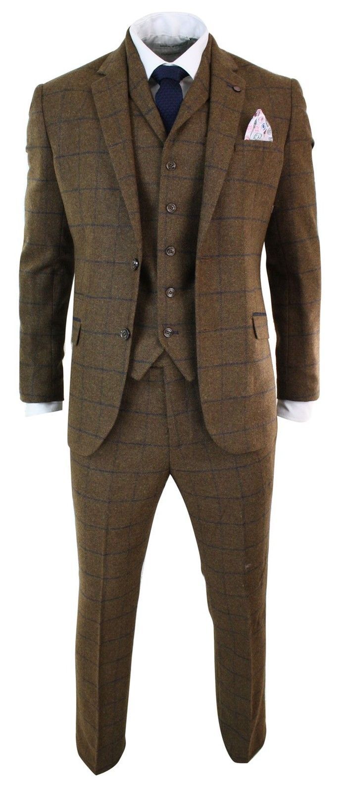 Mens Herringbone Tweed Tan Brown Check 3 Piece Wool Suit Peaky Blinders Navy 