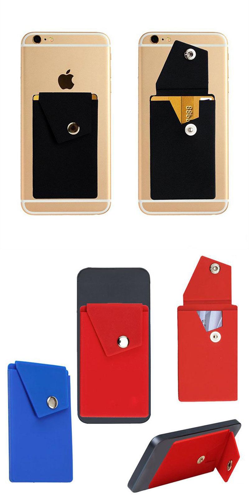 Adhesive Silicone Phone Wallet Case With Snap Pocket Phone Back Stick