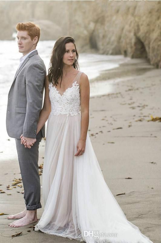 Discount Flowy Summer Beach Long Wedding Dresses A Line V Neck