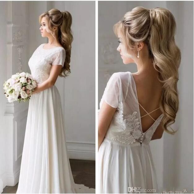 Discount 2018 Scoop Neck Short Sleeves Chiffon A Line Wedding