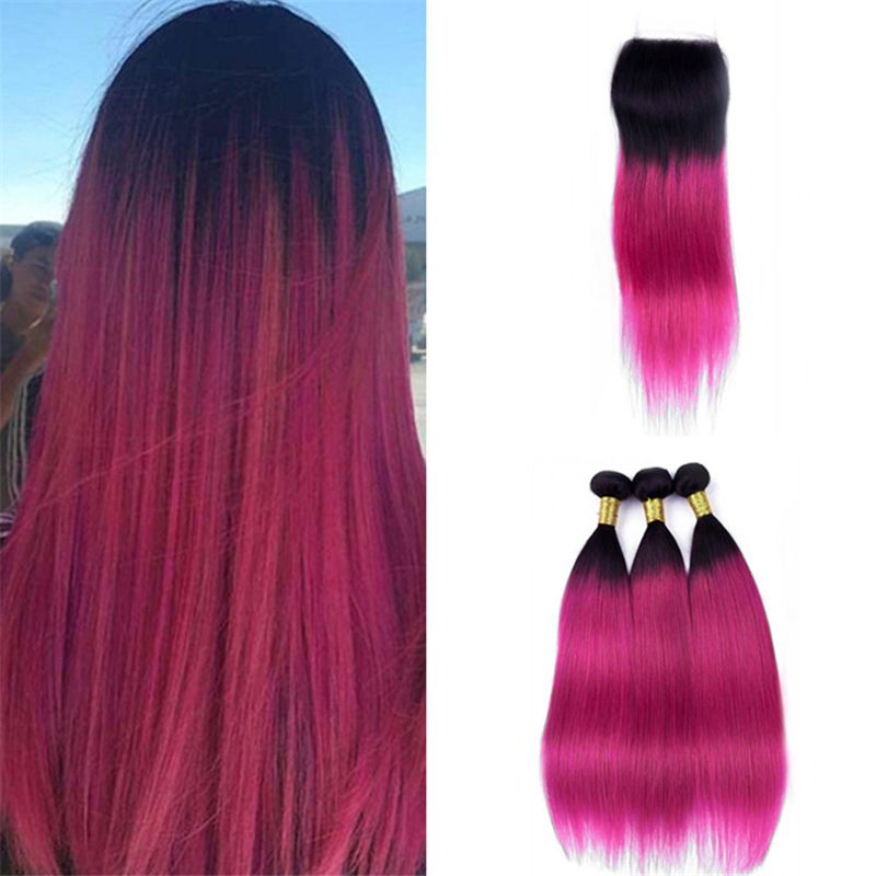 2019 Indian Pink Ombre Hair Weaves With Lace Closure Dark Roots