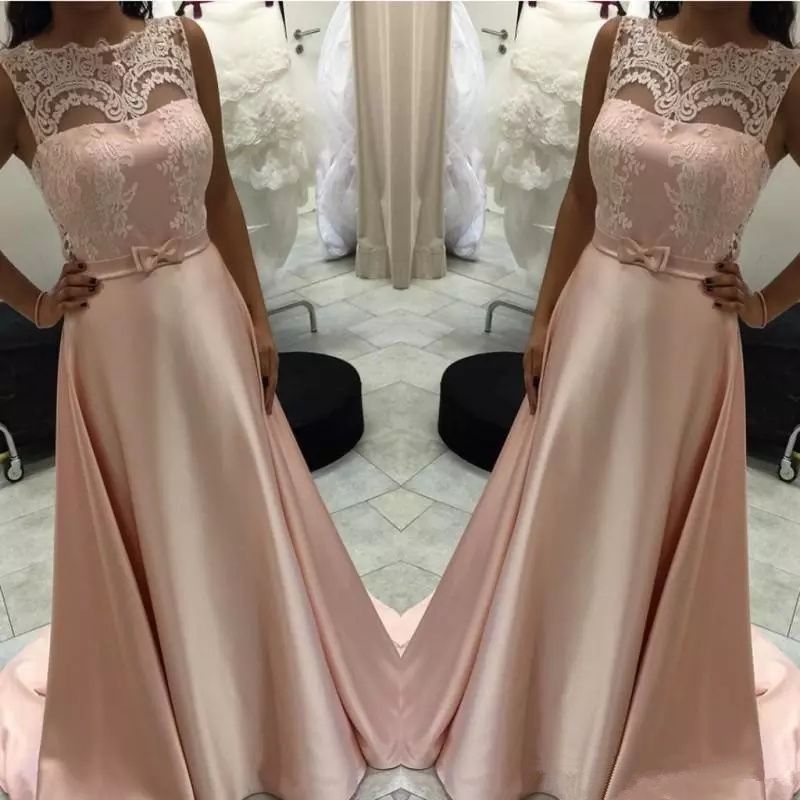 Compre Elegantes Vestidos De Noche De Color Rosa Con Encaje Y Faja De Lazo Moda Hasta El Suelo Satinado Vestido De Fiesta De Graduación Formal Largo Desgaste A 85 82 Del Gaogao8899
