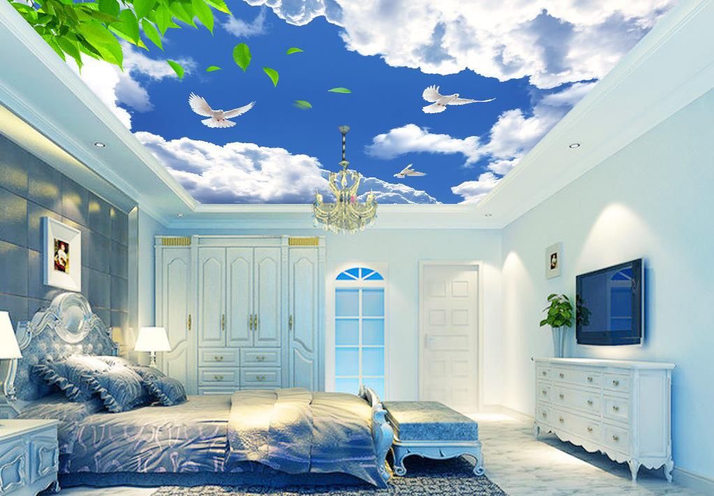 Blue Sky And White Clouds Green Leaf Doves Zenith Ceiling Painting
