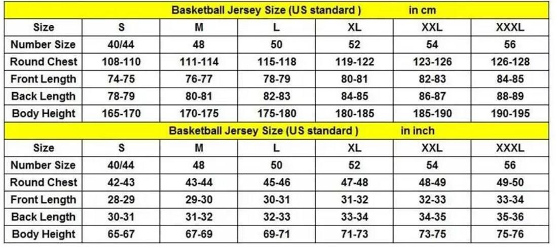 basketball jersey sizes