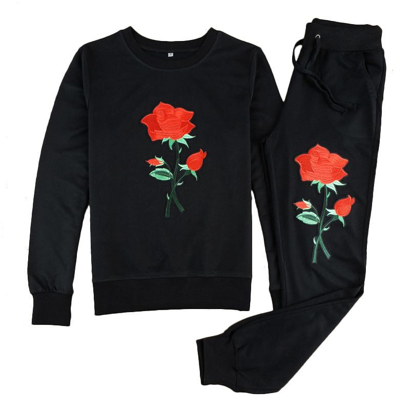 Womens Ladies Floral Rose Embroidered Joggers Pants Sweatshirt Hoodie Tracksuit 