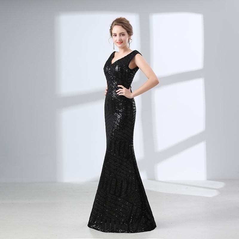 Sirena vestidos de noche brillantes negro con lentejuelas largo de la moda v cuello cuello vestido Sirena vestidos de noche brillantes negro con lentejuelas largo de la moda v cuello cuello vestido