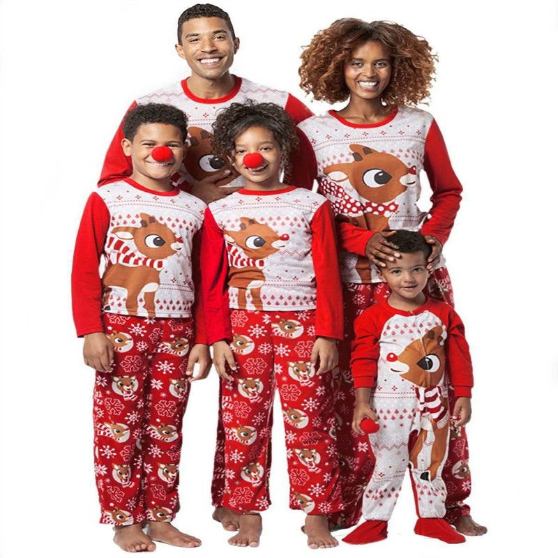 Family Matching Christmas Pajamas Sets Printed Deer Xmas Sleepwear Nightwear Adults Kids Christmas Family Matching Outfits Red Matching Mom And Son