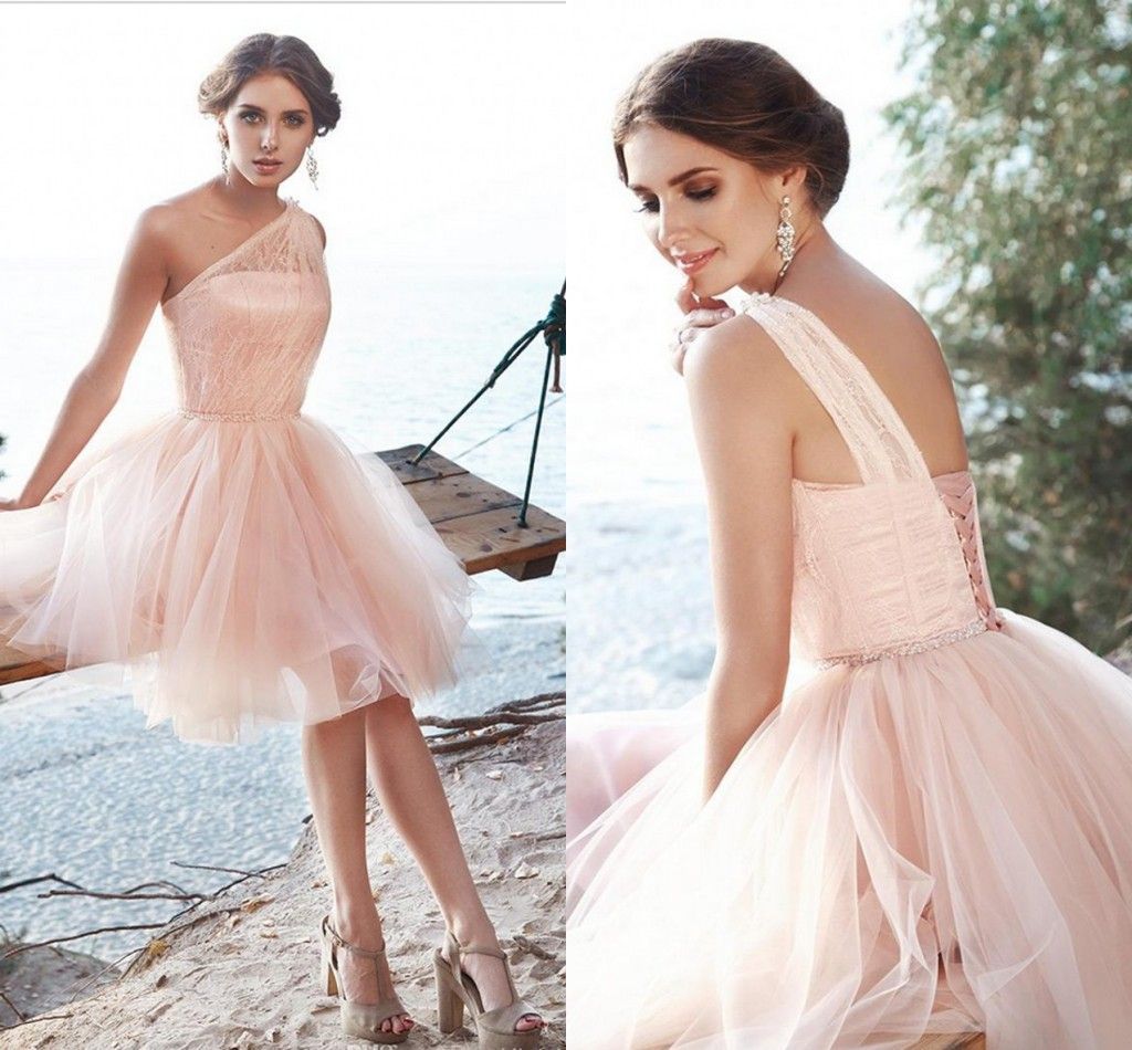 one shoulder blush pink bridesmaid dresses