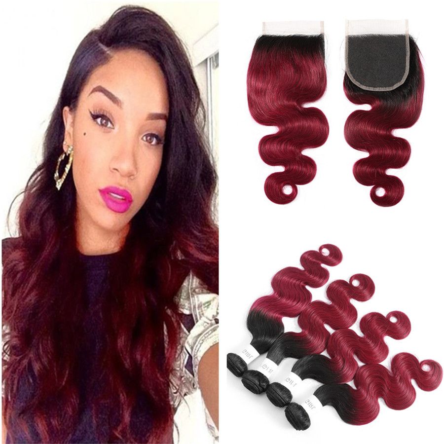 2019 Dark Root Burgundy Human Hair Weaves Two Tone 1b 99j Lace