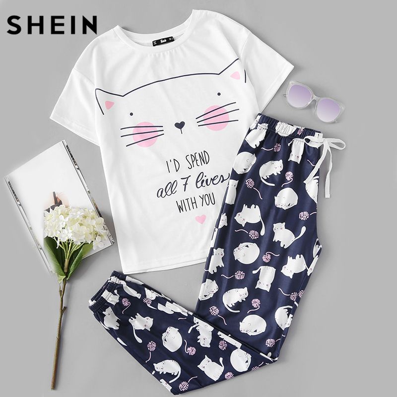 Compra SHEIN Ropa De Dormir Linda Pijama De Mujer Establece Mujer Gato  Estampado De Manga Corta Cuello Redondo Camiseta Blanca Y Pantalones Azules  Conjunto De Pijama S1015 Barato | Entrega Rápida Y