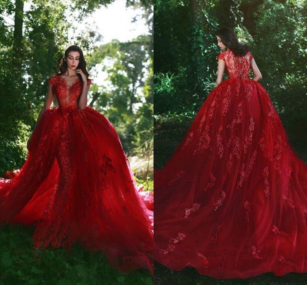 red puffy wedding dress