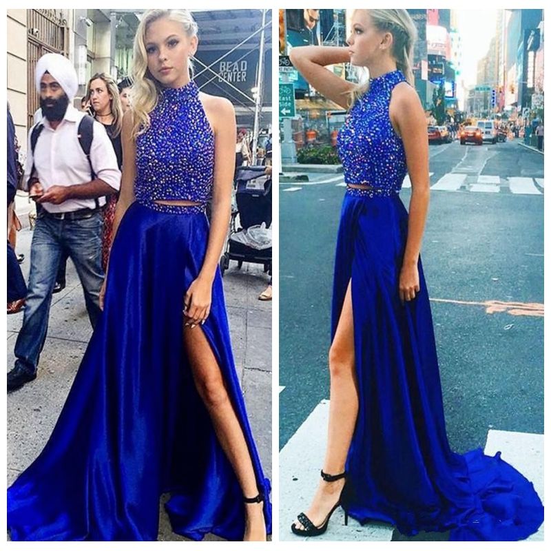 Front Split Royal Blue Satin Prom Evening Party Dress Celebrity Pageant New Gown
