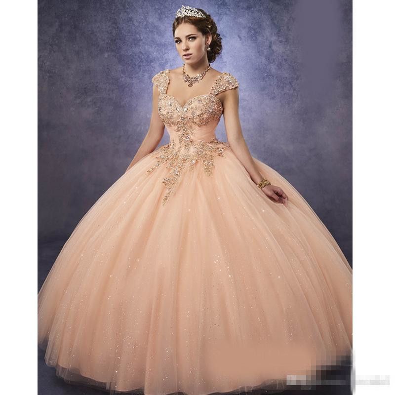 Sparkling Blush Pink Tulle Quinceanera Dresses 2018 Detachable Straps