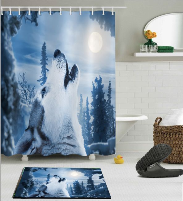 Home Decor Bathroom Water-resistant Shower Curtain with 12 Hooks Wolf