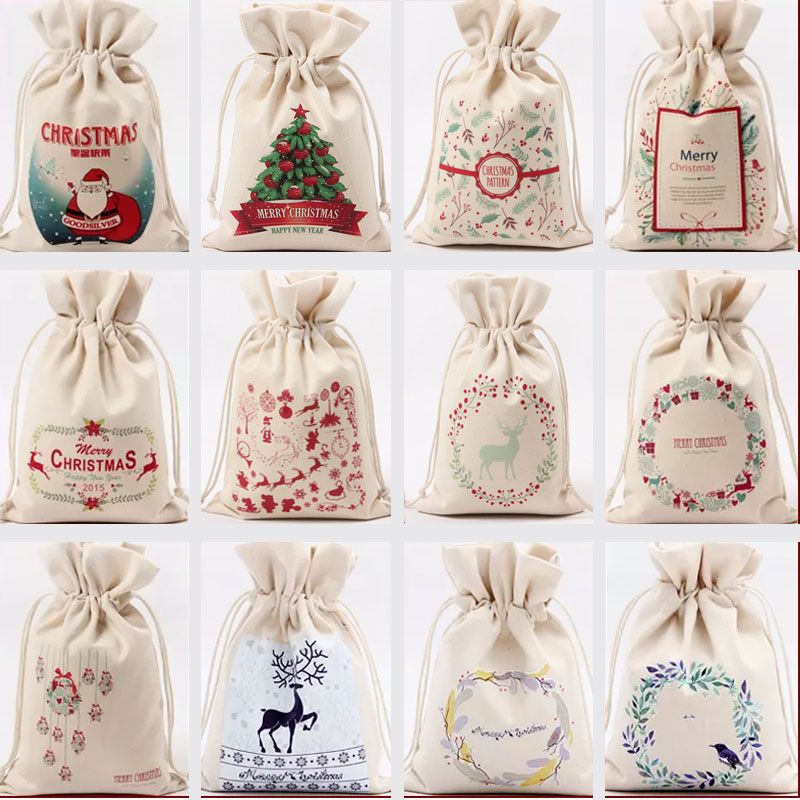Christmas Gift Bag Pure Cotton Canvas Drawstring Sock Bags With Xmas