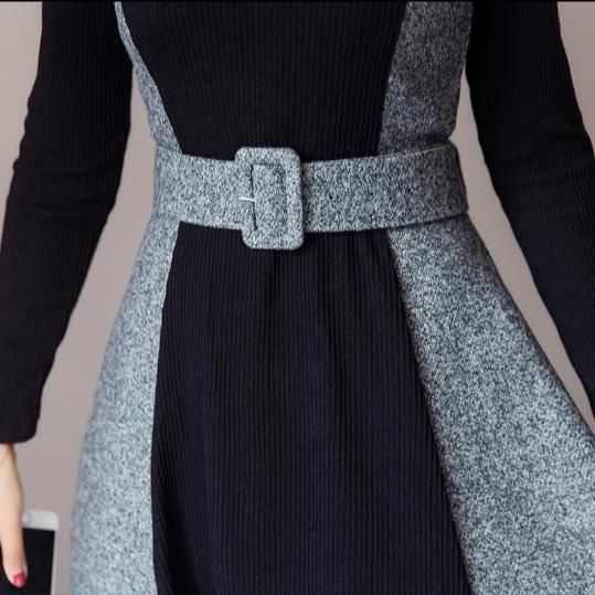 de lana de patchwork otoño invierno 2018 elegantes damas vestidos con cinturón casual delgado manga