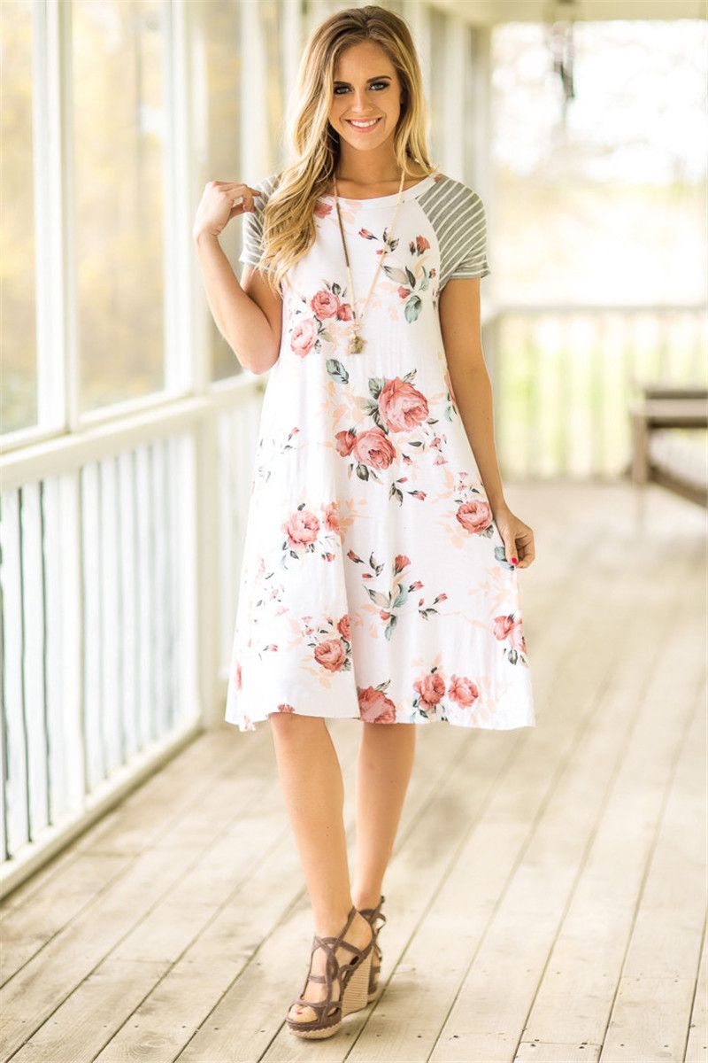 2018 Summer Fashion Flower Simple Style Straight Dress Woman O