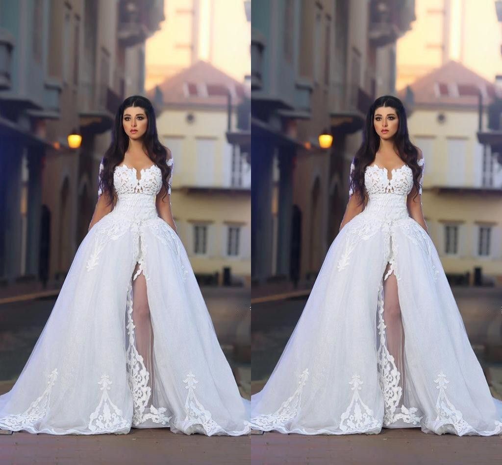 Luxury Wedding Dresses White Ivory Bridal Gowns A-Line Appliques Long Sleeves 