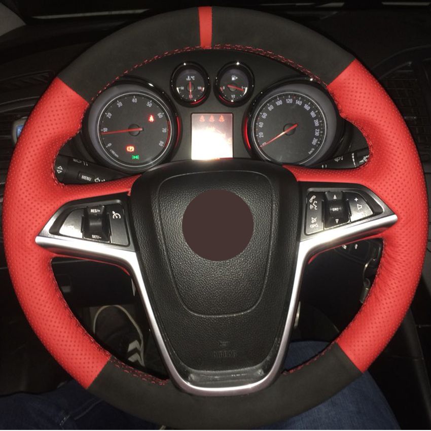Red Genuine Leather Black Suede Hand Stitched Car Steering Wheel Cover