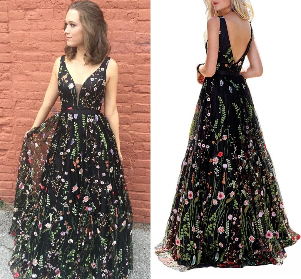 Sexy Black 3D Floral Flowers Prom Dress 