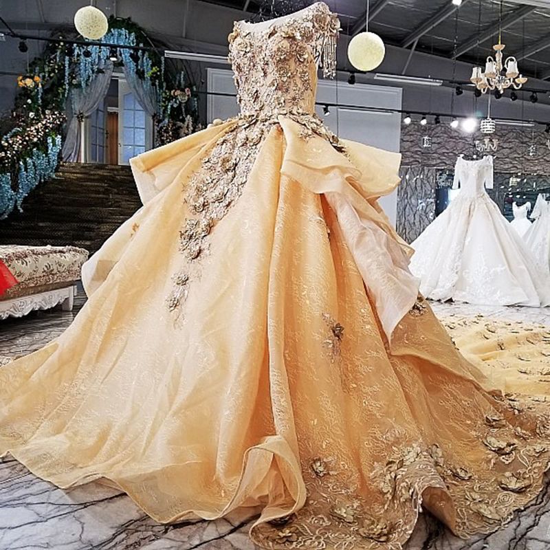 19 Royal Golden Evening Dresses 3d Flower Beading O Neck Short Sleeves Ball Gown New Arrival Party Dress Real Photo Dresses Evening Wear Dress For Ladies Dresses Shop Online From Lsweddingdress 779 7