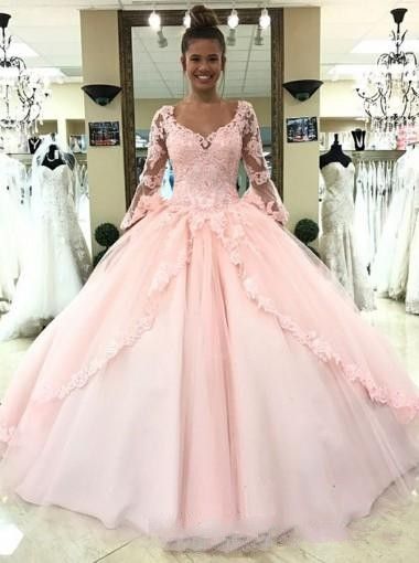 long sleeve pink ball gown