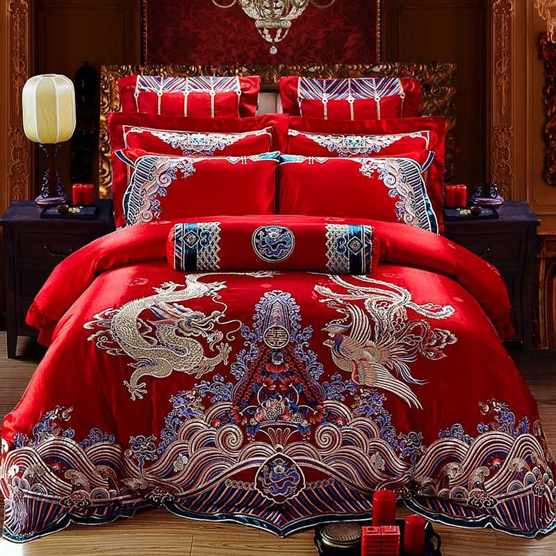 Chinese Dragon And Phoenix Bedding Sets Red Embroidery Silk Duvet Covers Bedding Duvet Covers Bedding Sets