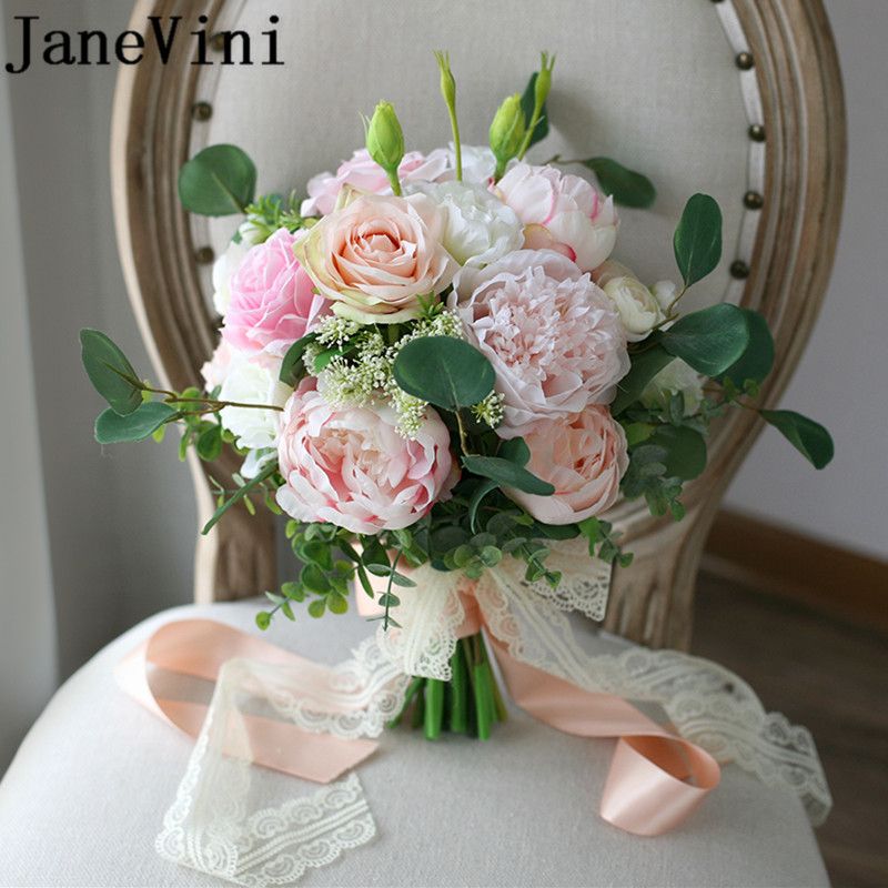 Acheter 2018 Soie Bouquet De Mariée De Fleurs Artificielles Champagne Rose Rose Pivoine Mariage Bouquet De Fleurs De Mariée Pour Mariée Broche Bouquet