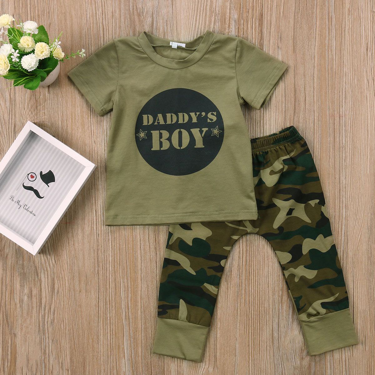 Newborn Baby Boy Girl Camouflage Set Letter Print T-Shirt and Camouflage Pants Suit