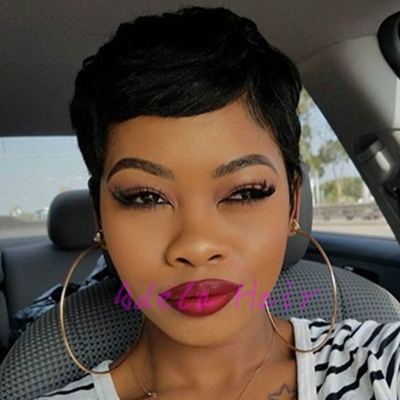 Fashion Short Pixie Cut Hairstyles Non lace front Wigs machine Women 100%  human Hair wigs for black Women's wig