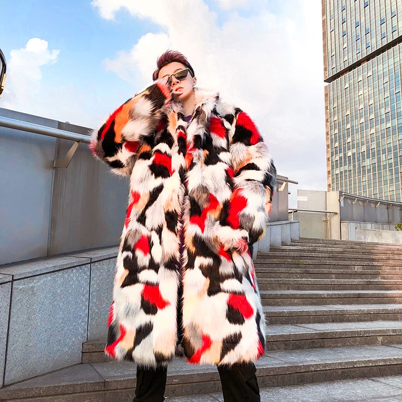 2020 Men Winter Multicolor Faux Fur Long Trench Coat Fashion Stage Multicolor Faux Fur Long Trench Coat