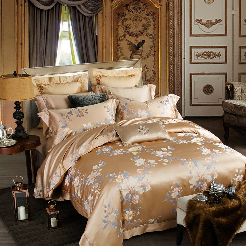 Silk Bedding Jacquard Bedding Set King Size Gold Comforter Luxury