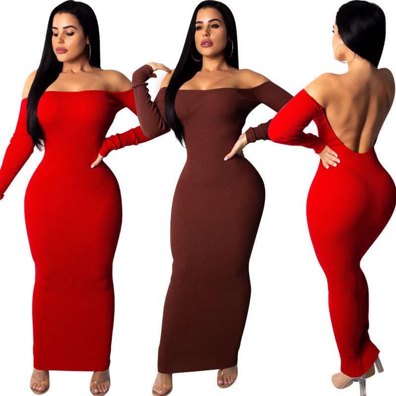 Designer Women Clothes Bodycon Dress Salsh Neck Long Sleeve Maxi Dress Sexy Backless Hollow Out Midi Party Club Womens Ankle Length Dress Party Dress